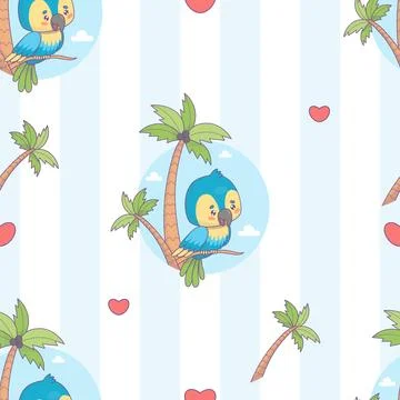 Seamless pattern with cute blue parrot with tropical palm trees on striped .. Illustrazione stock