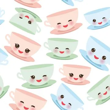 Seamless pattern Cute blue pink green Kawai cup, coffee tea with pink cheeks  Stock Illustration