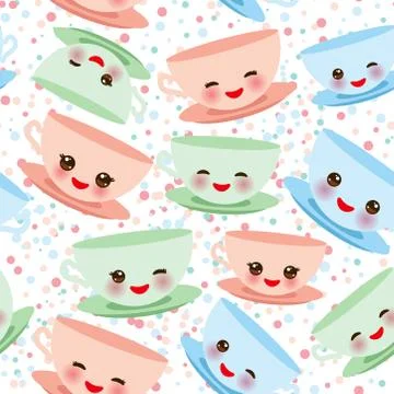 Seamless pattern Cute blue pink green Kawai cup, coffee tea with pink cheeks  Stock Illustration