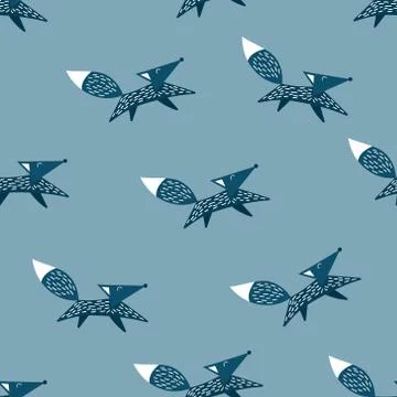 Seamless pattern with cute blue scandinavian foxes Stock Illustration