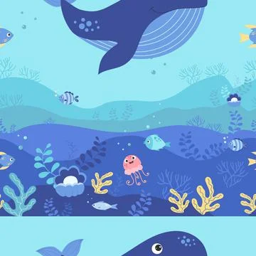 Seamless pattern with cute blue whale with fish, jellyfish and algae and pearls Stock Illustration