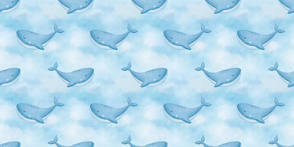 Seamless pattern with cute blue whale, sea animals, watercolor hand drawn iso Stock Illustration