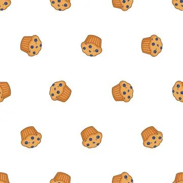 Seamless pattern with cute blueberry muffins on white background. Stock Illustration