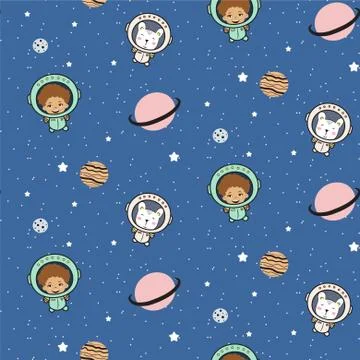 Seamless pattern with cute boy astronauts and cartoon planet stars comets. Stock Illustration