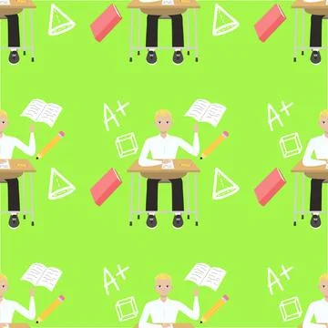 Seamless pattern Cute boy with blonde hair sitting at a school desk near book Stock Illustration
