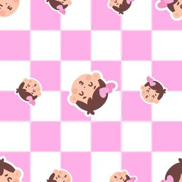 Seamless Pattern of Cute Boy Emoticons with Heart Accents on a Pink Checker.. Stock Illustration