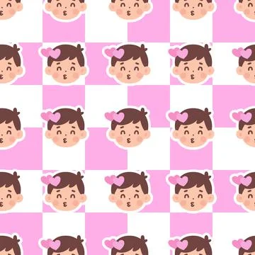 Seamless Pattern of Cute Boy Emoticons with Hearts on a Pink Checkerboard B.. Stock Illustration