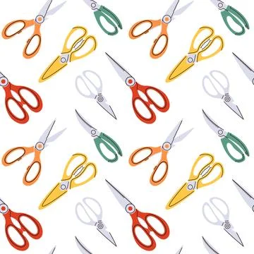 Seamless pattern of cute brightly colored simple kitchen scissors. Vector fla Stock Illustration