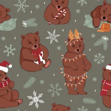 Seamless pattern with cute brown bears with Christmas elements. Winter vector Illustrazione stock