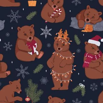 Seamless pattern with cute brown bears and Christmas elements. Winter vector  Stock Illustration