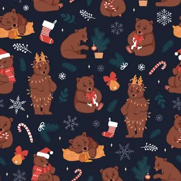 Seamless pattern with cute brown bears and Christmas elements. Winter blue ve 스톡 일러스트