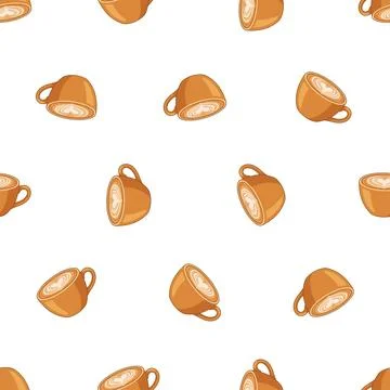 Seamless pattern with cute brown coffee cups on white background. Stock Illustration