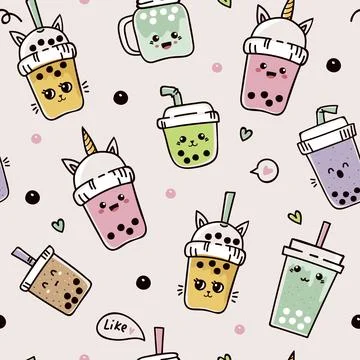 Seamless pattern with cute bubble tea or pearl tea Stock Illustration