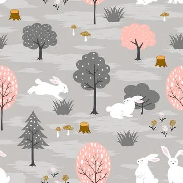Seamless pattern with cute bunnies on spring forest for happy easter Stock Illustration