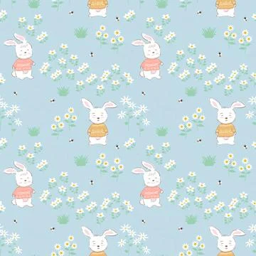 Seamless pattern with cute bunny and little bees on wildflowers field backg.. Illustrazione stock