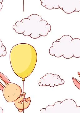 Seamless pattern cute bunny in the balloon cloud cartoon kawaii flat hand drawn Stock Illustration