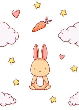 Seamless pattern cute bunny cloud stars heart and carrot cartoon kawaii flat イラスト素材