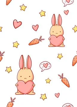 Seamless pattern cute bunny heart stars and carrot cartoon kawaii flat hand Stock Illustration