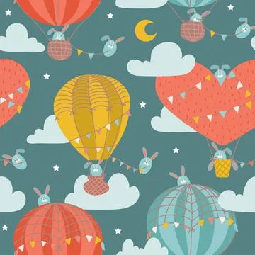 Seamless pattern with Cute bunny in hot air balloon. Childish Animal on the Stock Illustration