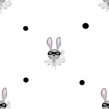 Seamless pattern cute bunny in a mask and collar with small dots. children's Stock Illustration