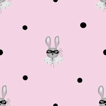 Seamless pattern cute bunny in a mask and collar with small dots. children's Stock Illustration