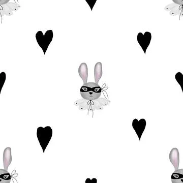 Seamless pattern cute bunny in a mask and collar with small hearts. children's Stock Illustration