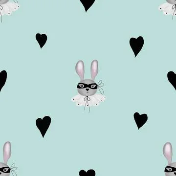 Seamless pattern cute bunny in a mask and collar with small hearts. children's Stock Illustration