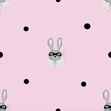 Seamless pattern cute bunny in a mask and collar with small dots. children's 스톡 일러스트