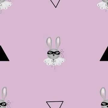 Seamless pattern cute bunny in a mask and collar with small triangle. children's Stock Illustration