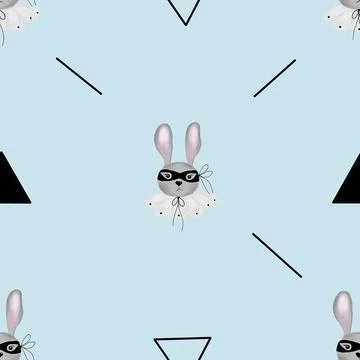 Seamless pattern cute bunny in a mask and collar with small geometric figures Stock Illustration