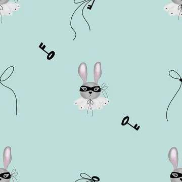 Seamless pattern cute bunny in a mask and collar with small key. children's Stock Illustration