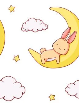 Seamless pattern cute bunny in the moon stars and cloud cartoon kawaii flat hand Illustrazione stock