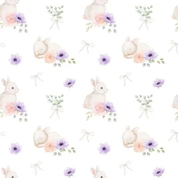 Seamless pattern with cute bunny sitting with spring flowers, perfect for nur Stock Illustration