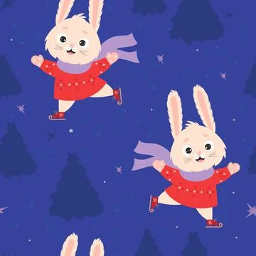 Seamless pattern with cute bunny in sweater and scarf skating on blue backgro Stock Illustration