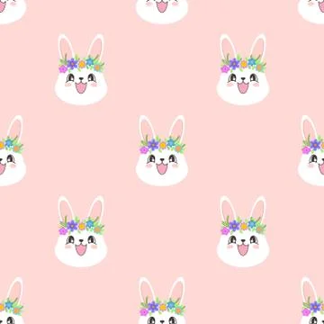 Seamless pattern with a cute bunny with wreaths of flowers in cartoon style. Stock Illustration