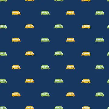 Seamless pattern with cute bus, car on blue background. Cartoot transport Stock Illustration