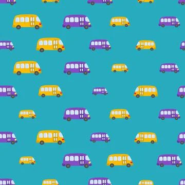 Seamless pattern with cute bus, car on blue background. Cartoot transport Stock Illustration