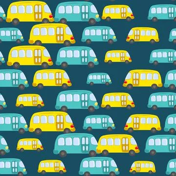 Seamless pattern with cute bus, car on blue background. Cartoot transport Stock Illustration