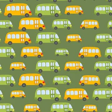 Seamless pattern with cute bus, car on green background. Cartoot transport Stock Illustration