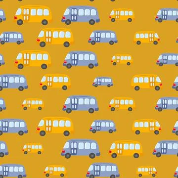 Seamless pattern with cute bus, car on color background. Cartoot transport Stock Illustration