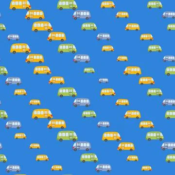 Seamless pattern with cute bus, car on color background. Cartoon transport Stock Illustration