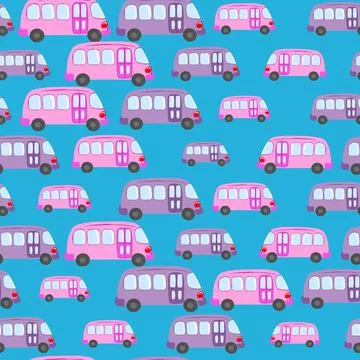 Seamless pattern with cute bus, car on color background. Cartoot transport Stock Illustration
