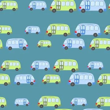 Seamless pattern with cute bus, car on color background. Cartoot transport Stock Illustration