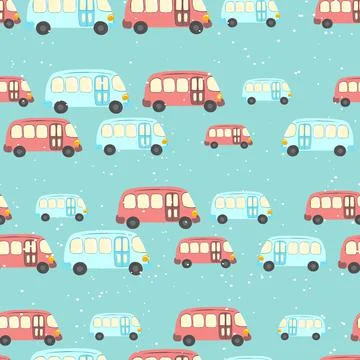 Seamless pattern with cute bus, car on color background. Cartoot transport Stock Illustration