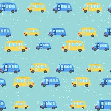 Seamless pattern with cute bus, car on color background. Cartoot transport Stock Illustration