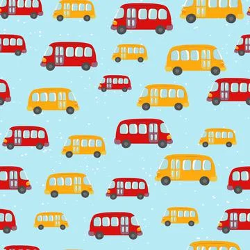 Seamless pattern with cute bus, car on color background. Cartoot transport Stock Illustration