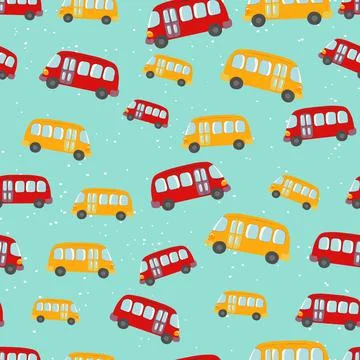 Seamless pattern with cute bus, car on color background. Cartoot transport Stock Illustration