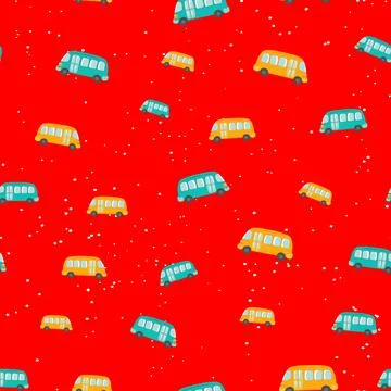 Seamless pattern with cute bus, car on color background. Cartoot transport Stock Illustration