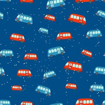 Seamless pattern with cute bus, car on color background. Cartoot transport Stock Illustration