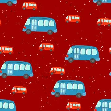 Seamless pattern with cute bus, car on color background. Cartoot transport Stock Illustration
